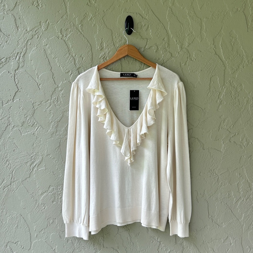 Lauren Ralph Lauren Women's 3X Winter Cream Ruffle Trim V-Neck Long Sleeve NWT